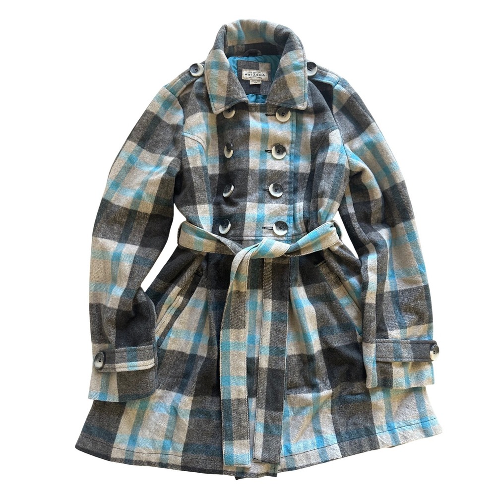 Arizona Jean Company Women's Large Blue Plaid Double Breasted Wool Blend Peacoat